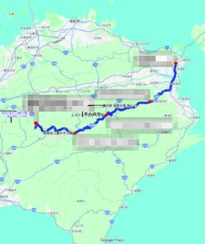 予定ではこのルートでしたが、大雨と強風のため山間部を避けることにし、もう少し北の192号線を西へ走ることに。